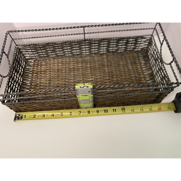 Woven Rectangular Wicker Rattan Basket Handles Metal Frame Organizer - Picture 8 of 9